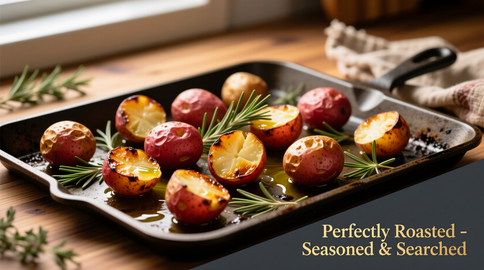 Golden roasted red potatoes with herbs on baking sheet