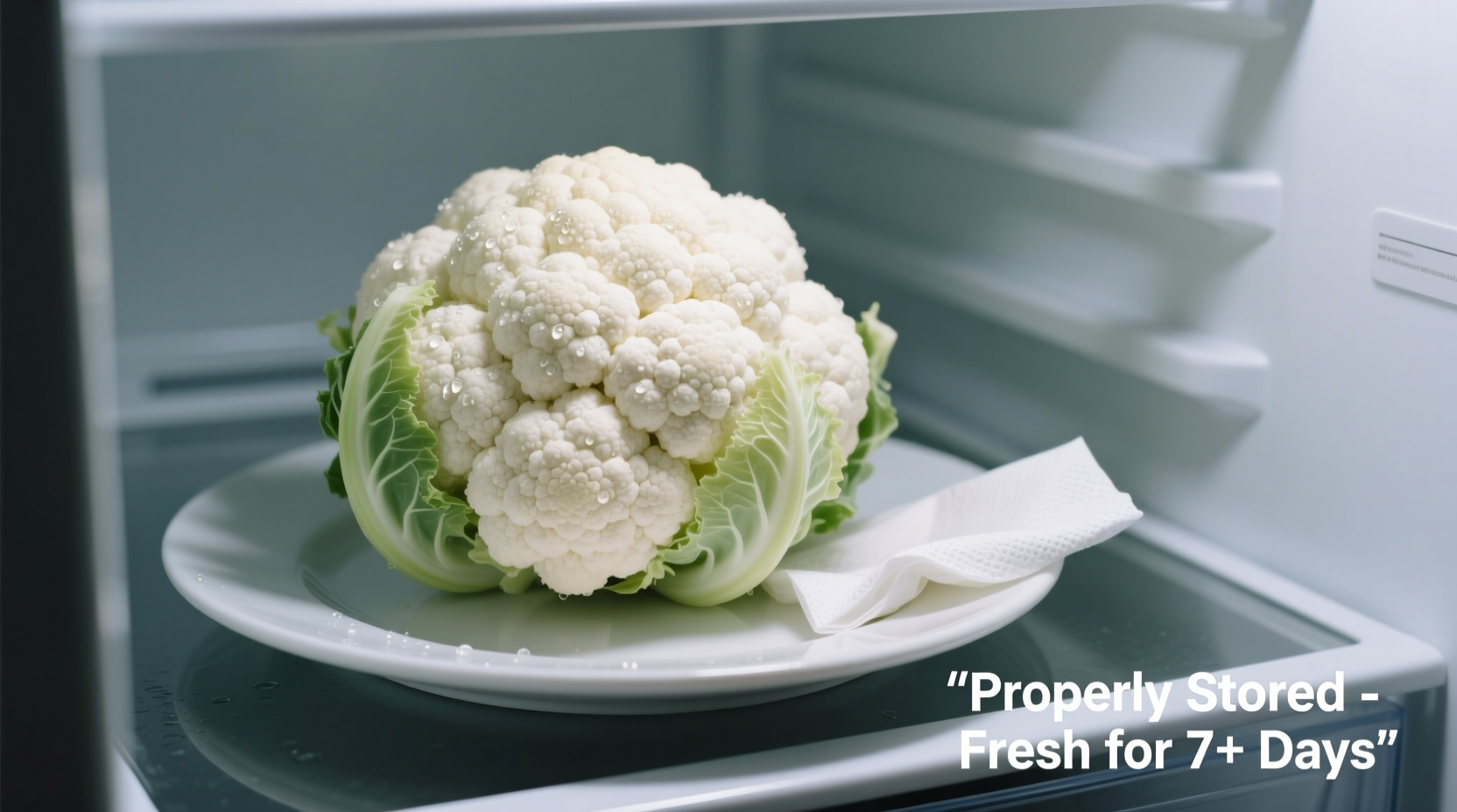 Fresh cauliflower stored properly in refrigerator with paper towel