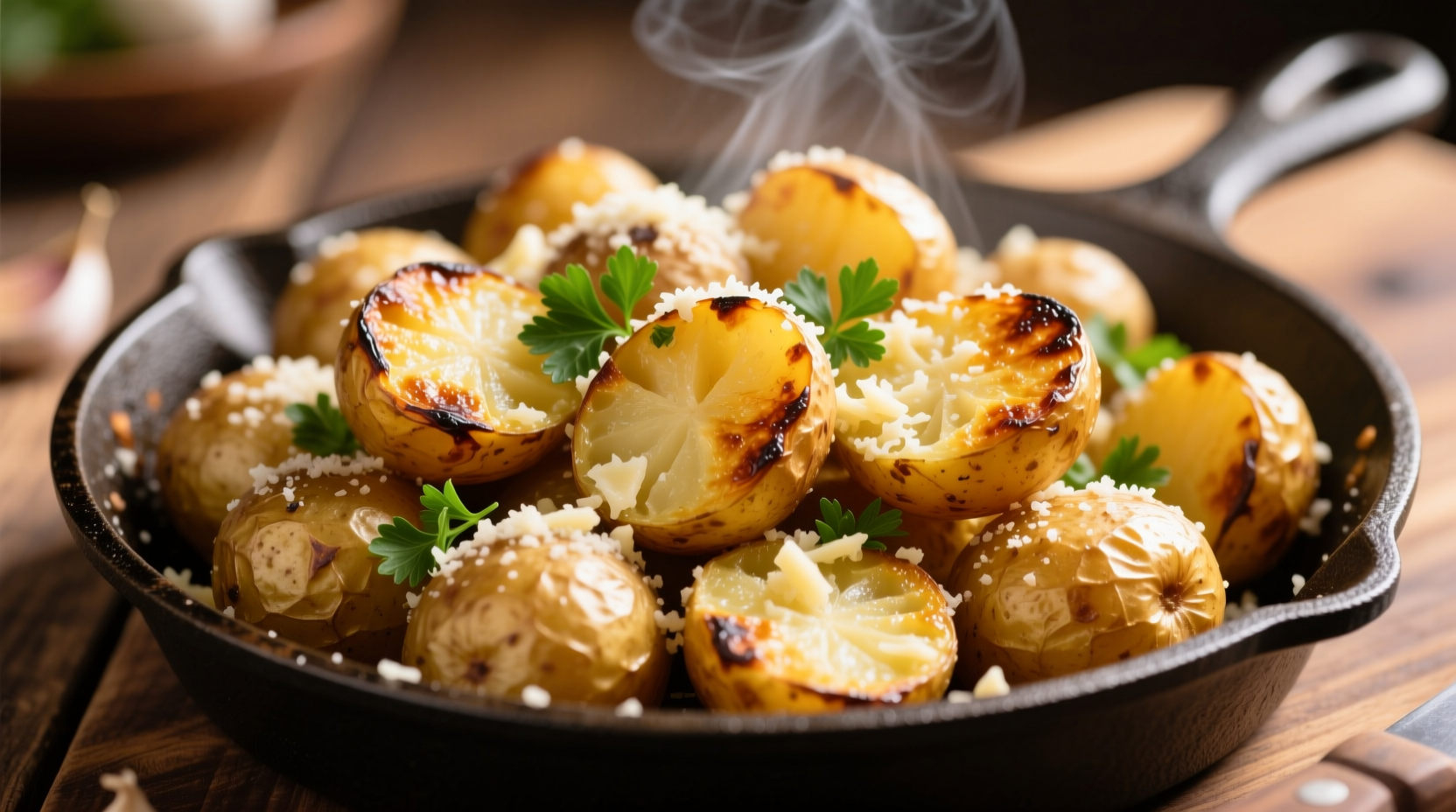 Golden roasted garlic parmesan potatoes on baking sheet