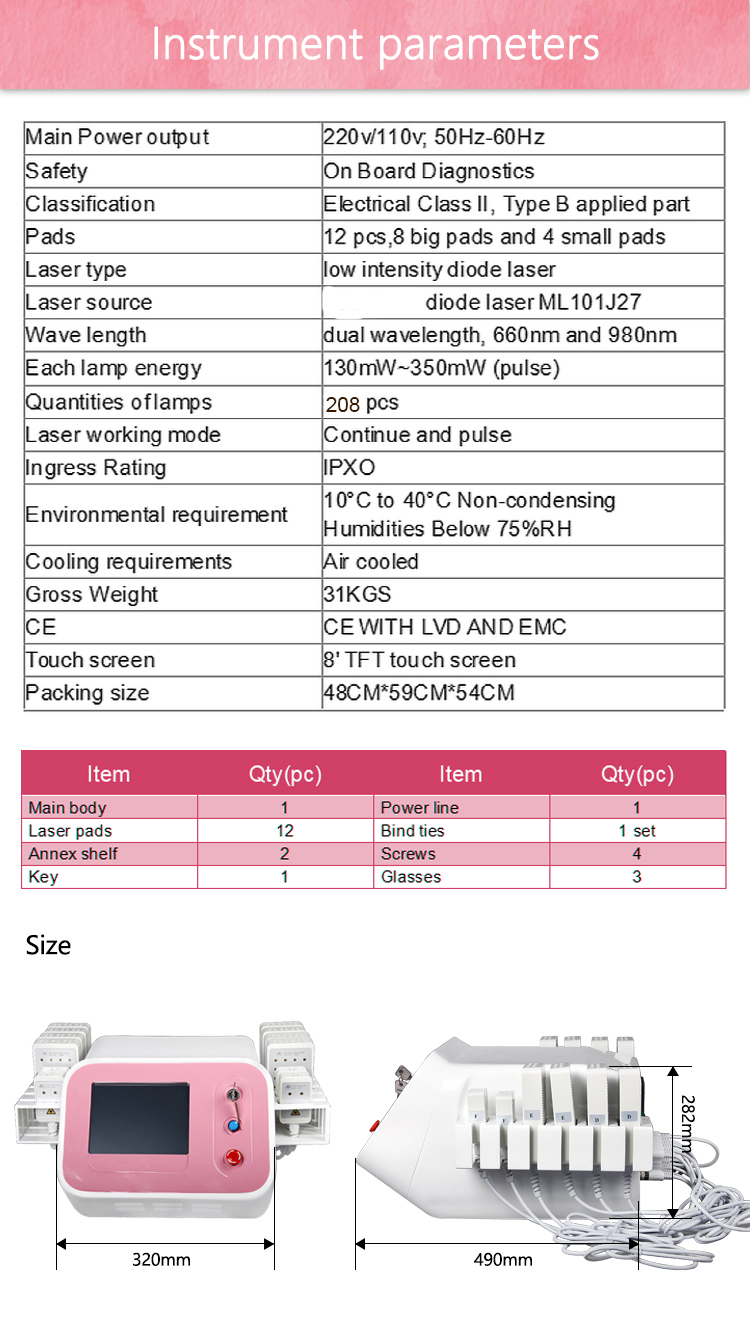 LF-318B portable 650nm & 980nm lipo laser slimming machine with 12pads
