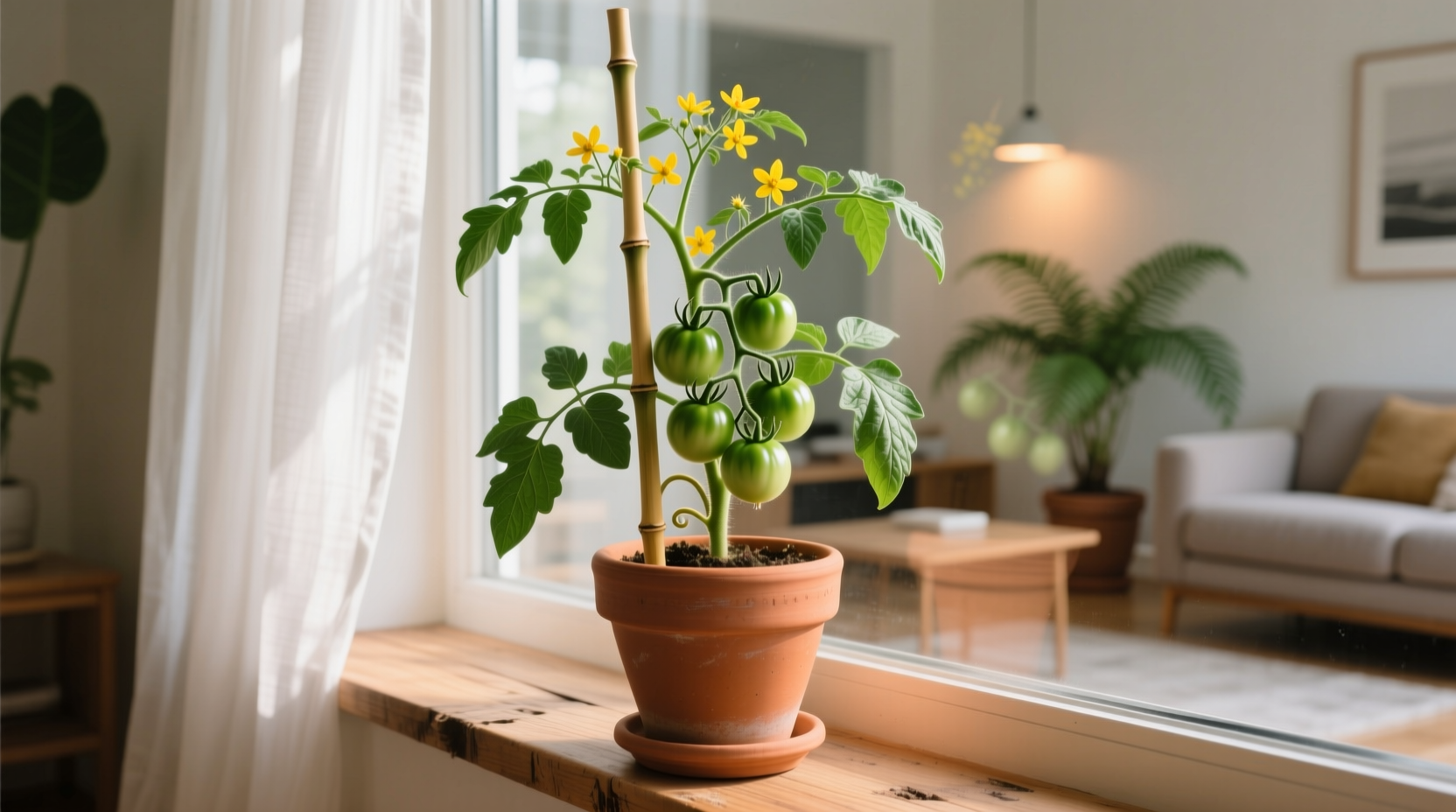 Indoor tomato plant growing in container near living room window