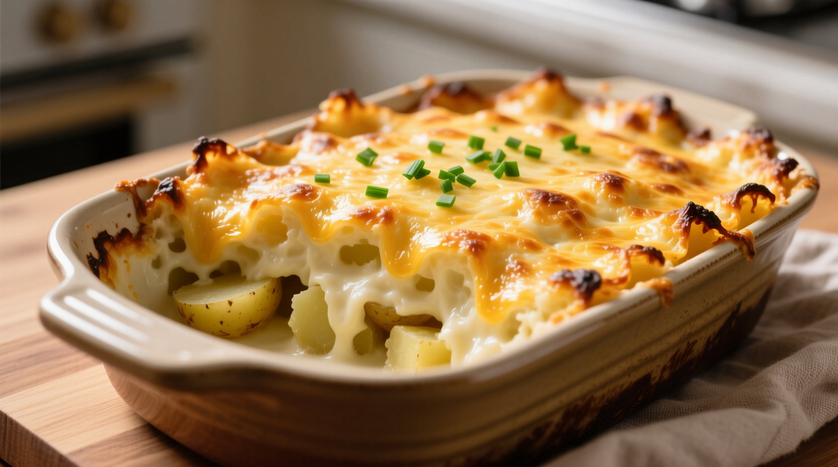 Golden mashed potato casserole with crispy cheese topping