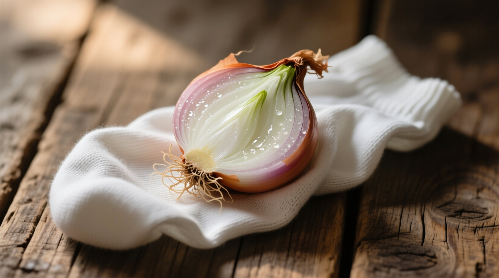 Cut onion placed inside white cotton sock on wooden surface