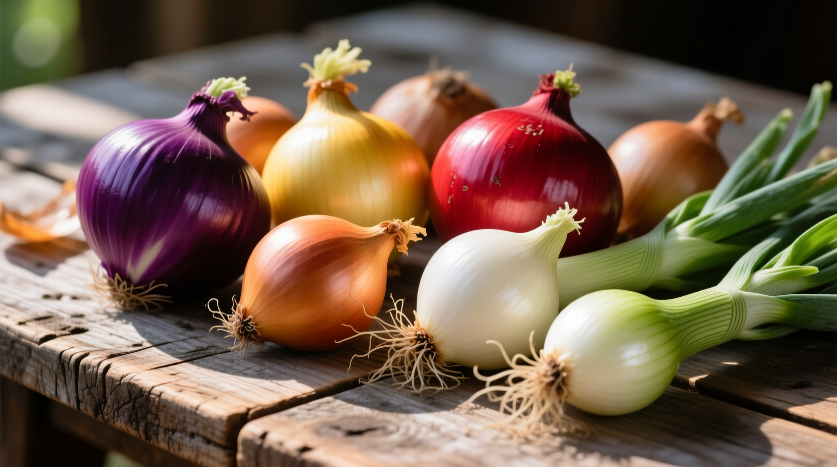 Colorful assortment of different onion varieties on wooden table