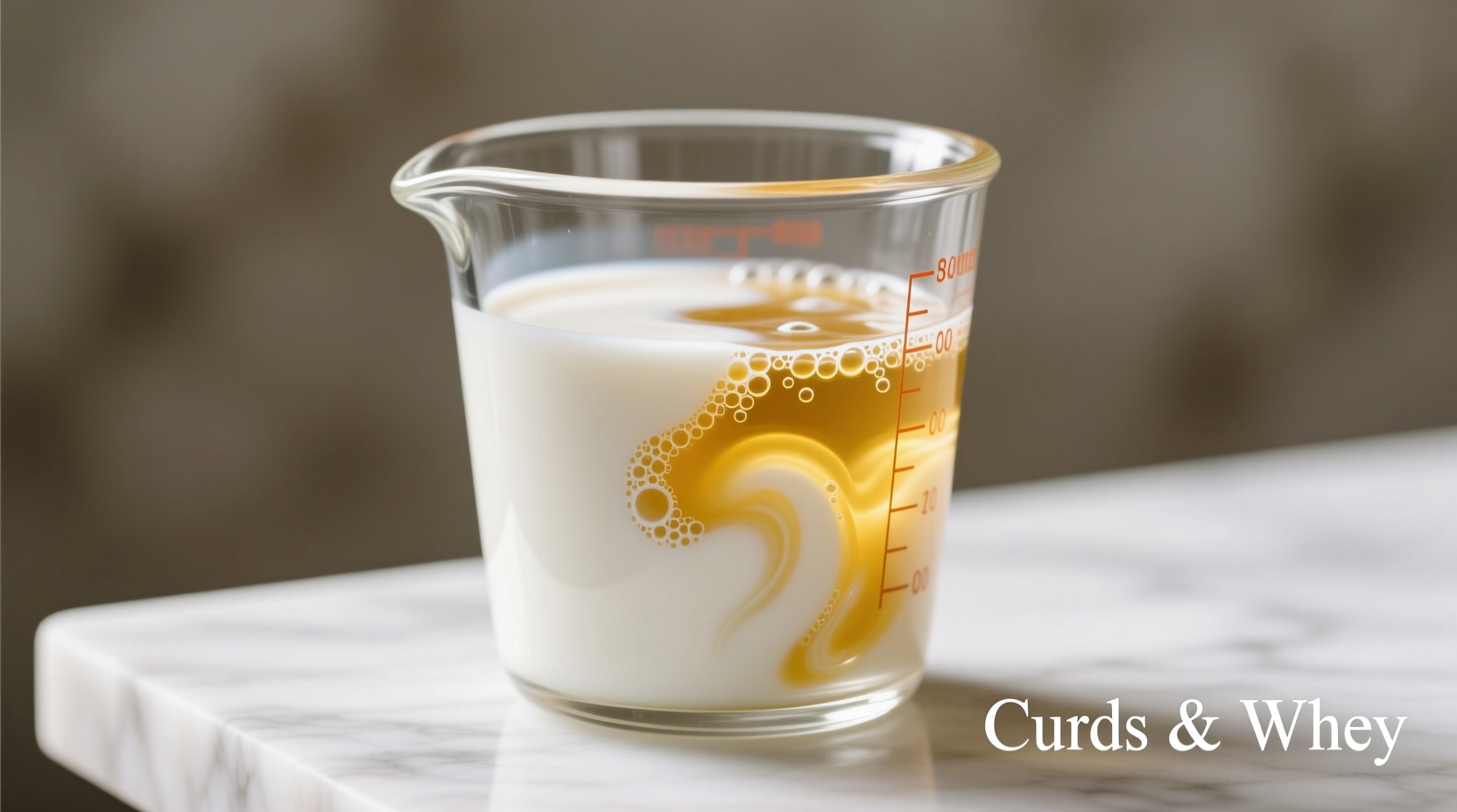 Vinegar and milk mixture curdling in glass measuring cup