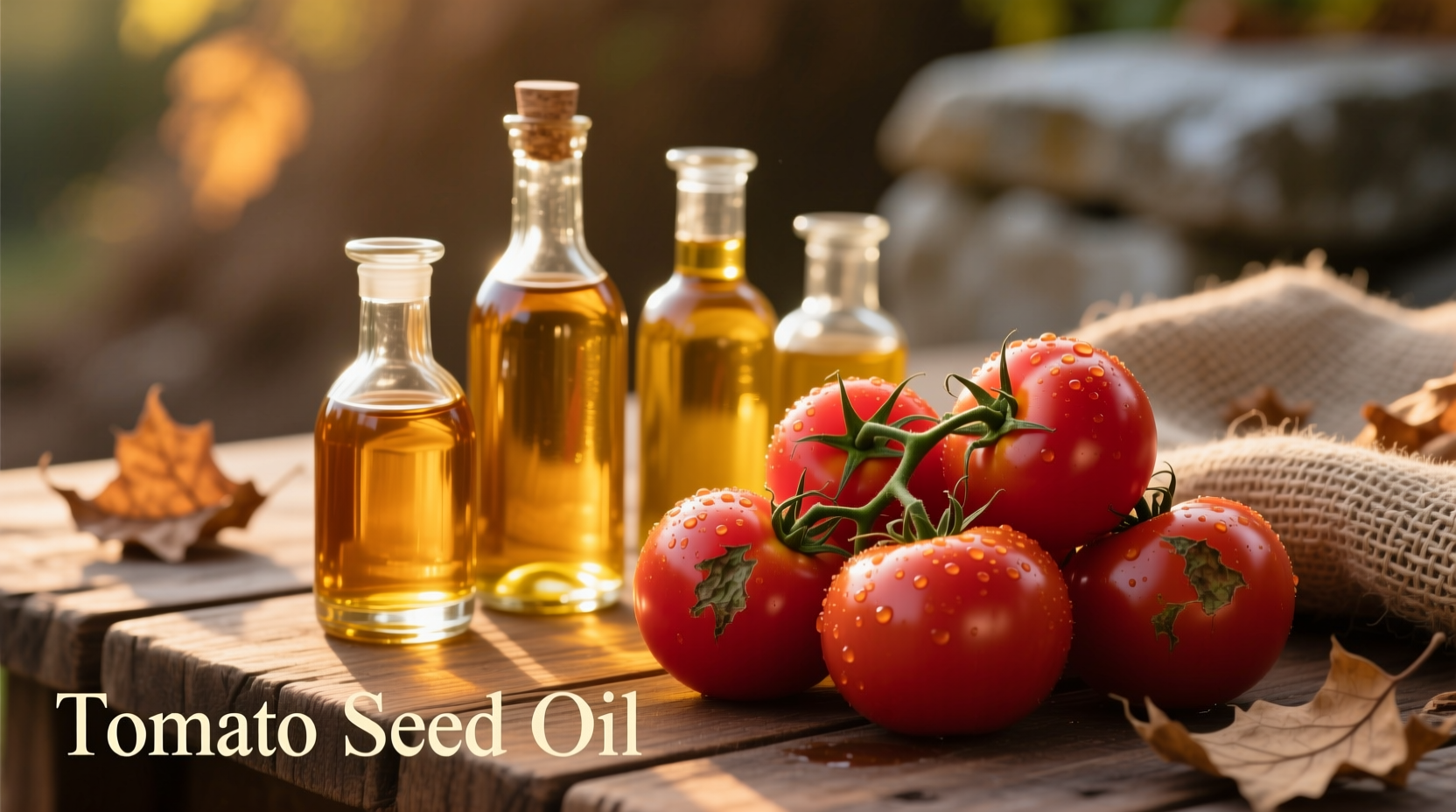 Bottles of tomato seed oil next to fresh tomatoes