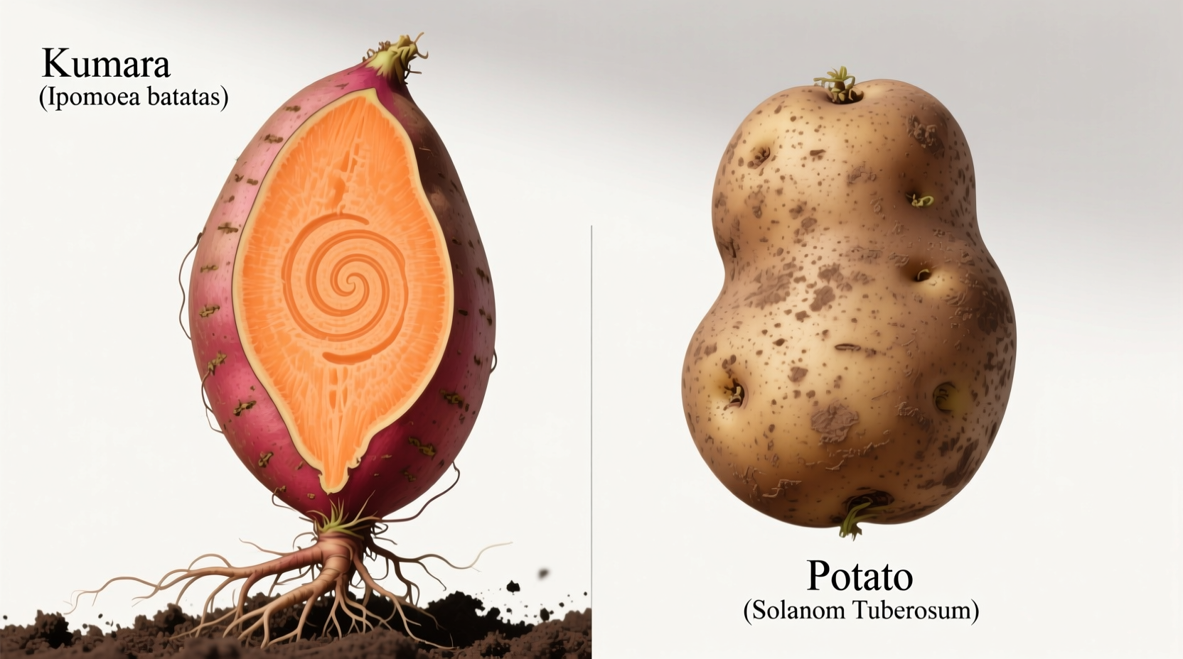 Side-by-side comparison of kumara and potato varieties