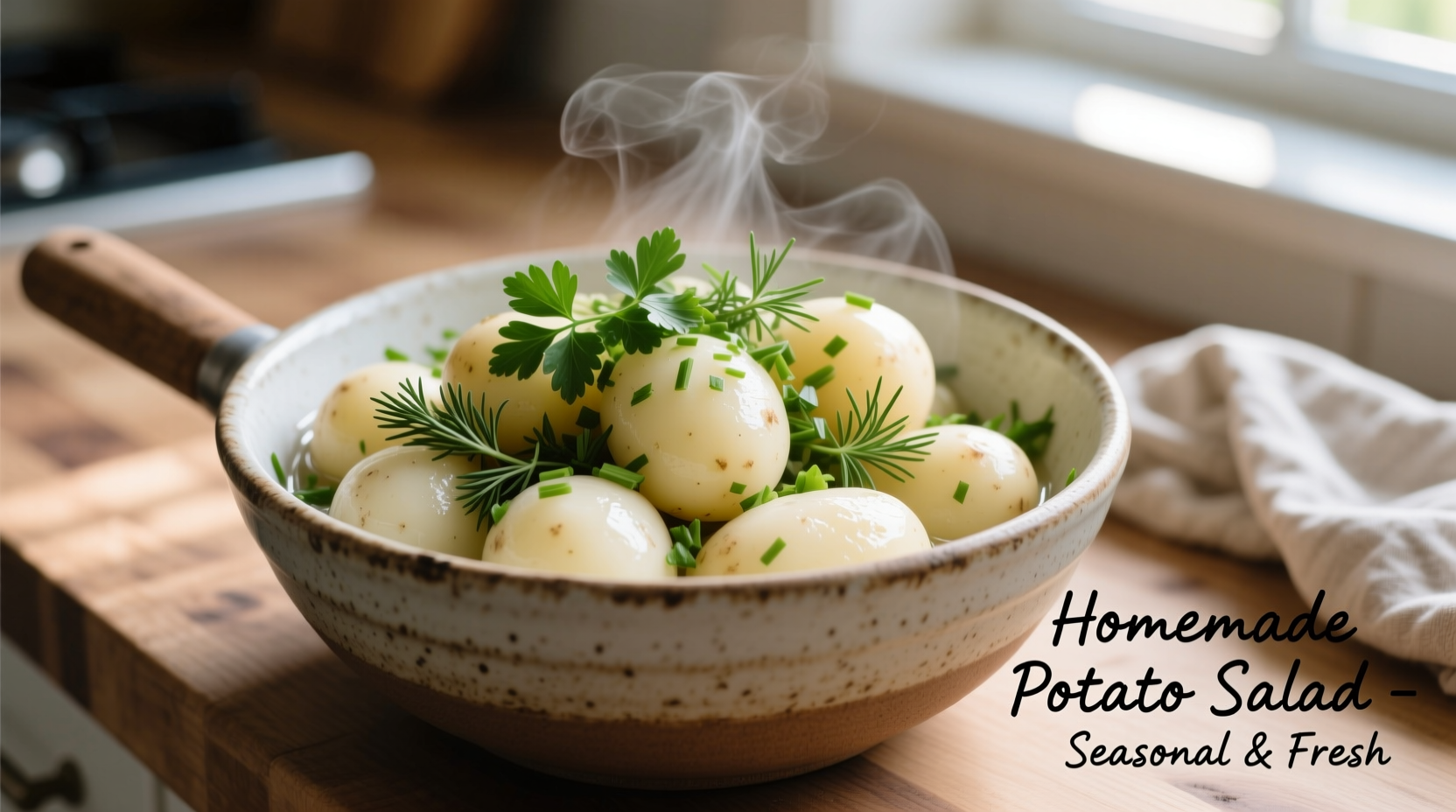 Canned white potatoes in mixing bowl with herbs
