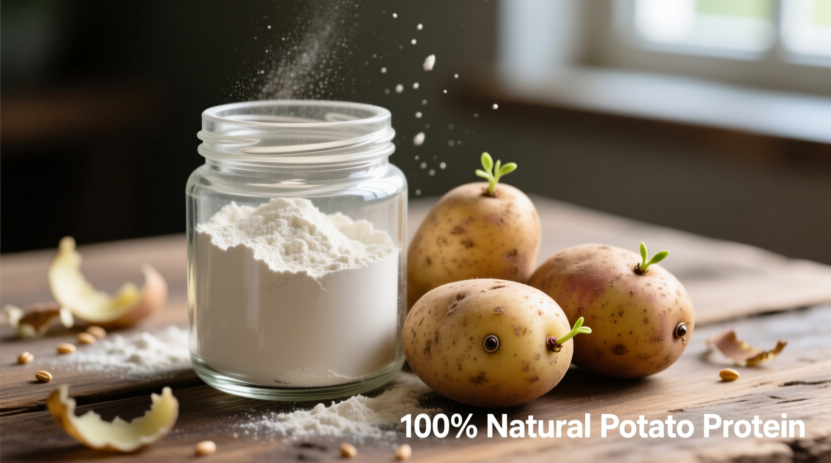 Potato protein powder in glass container with fresh potatoes