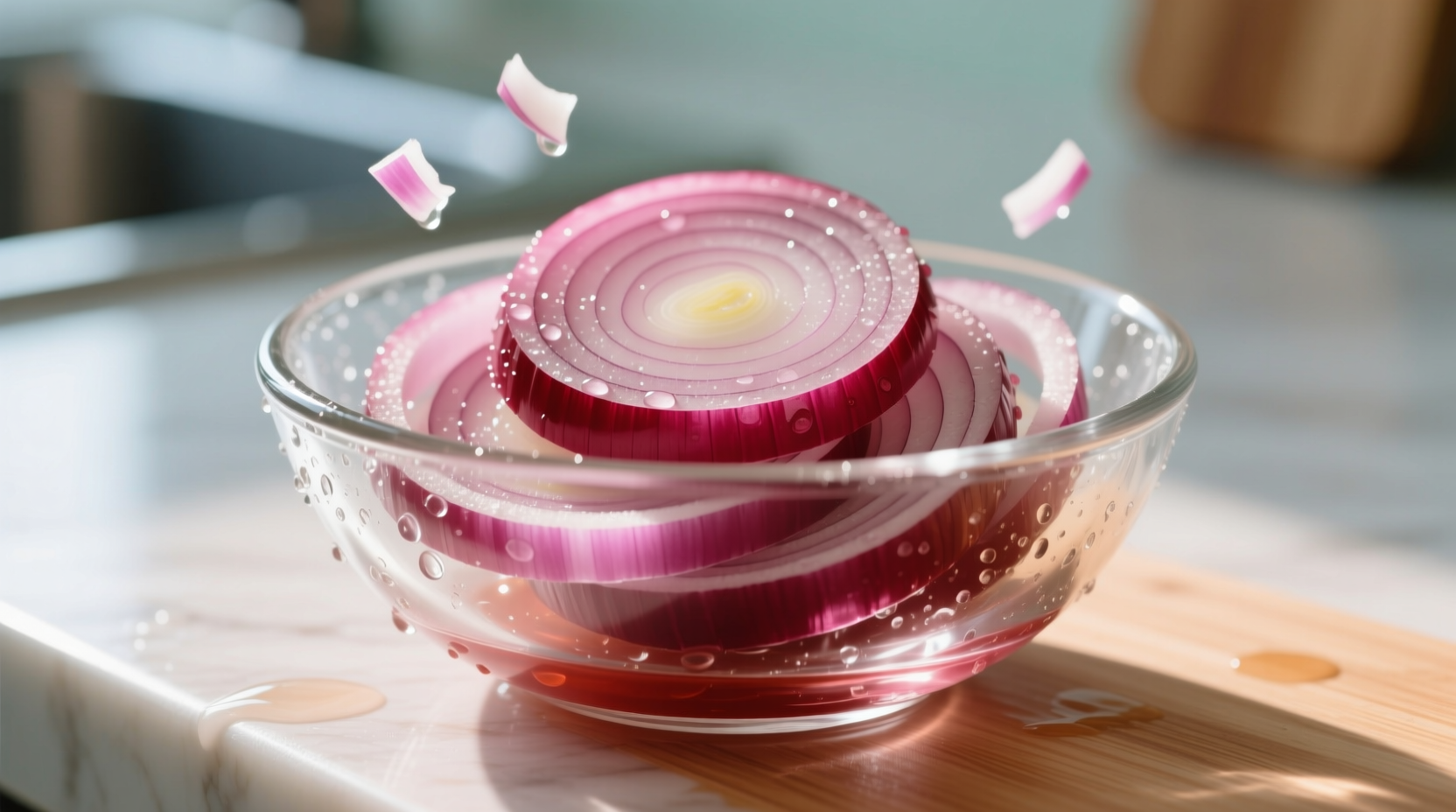 Freshly sliced red onions in a glass bowl