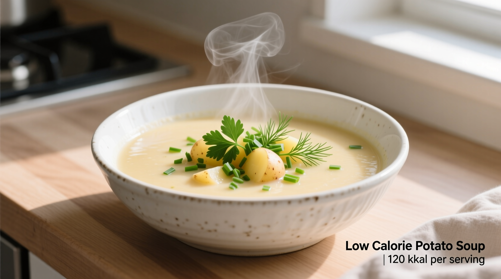 Low calorie potato soup in white bowl with fresh herbs