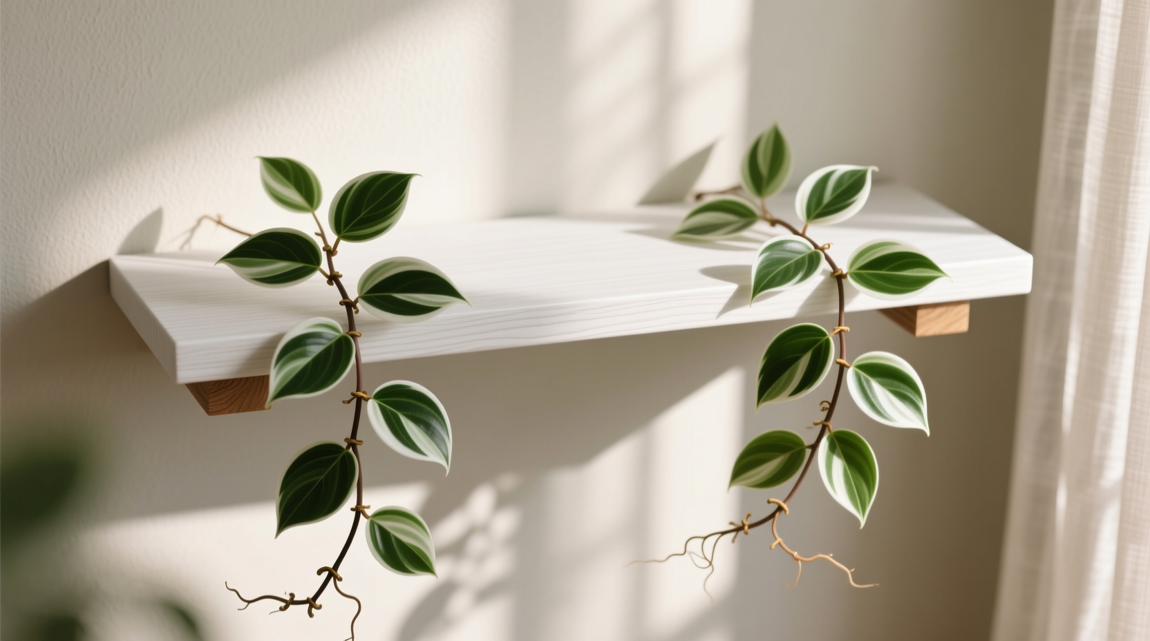 Overhead view of a white oak floating shelf with a mature wandering jew cascading in perfect bilateral symmetry—two primary vines descending evenly at 10 and 2 o'clock, each bearing five evenly spaced, vibrant leaf clusters, with tiny aerial roots visible at anchored nodes.
