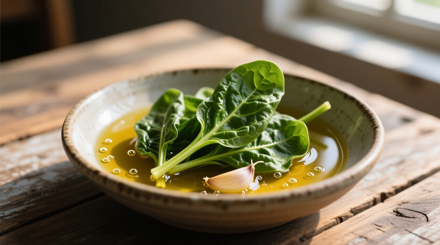 Fresh spinach wilting in garlic olive oil