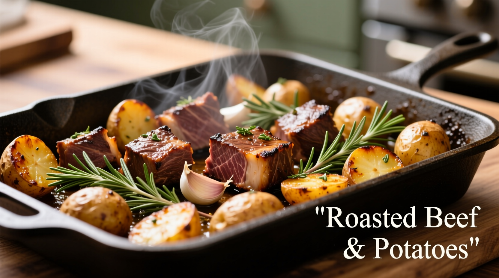 Roasted beef and potatoes with herbs on baking sheet