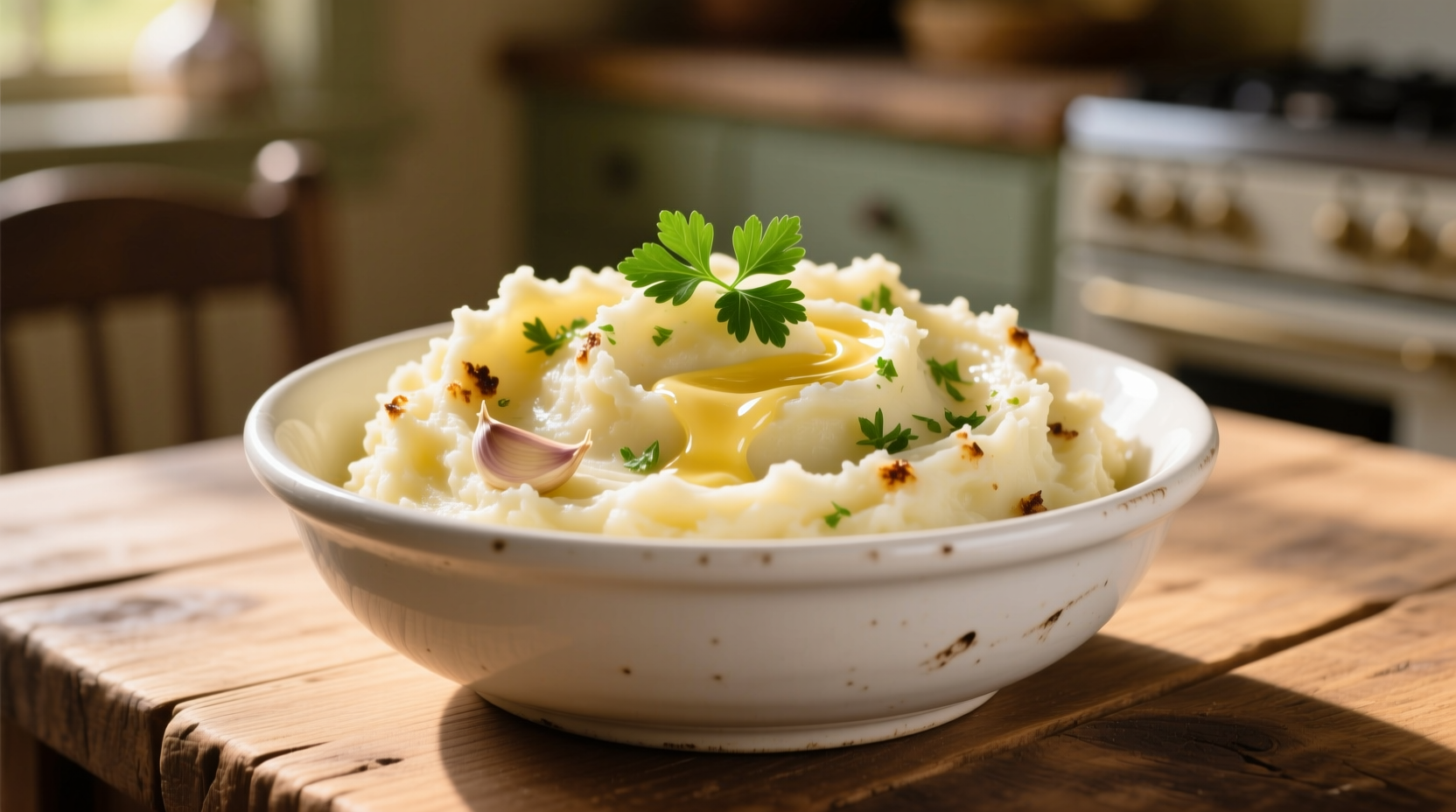 Creamy buttery garlic mashed potatoes in white bowl