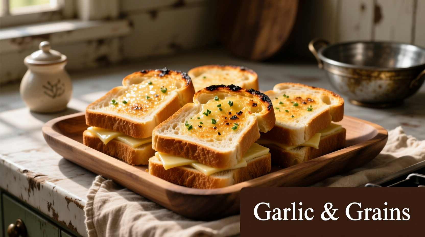 Golden garlic bread slices on sandwich bread