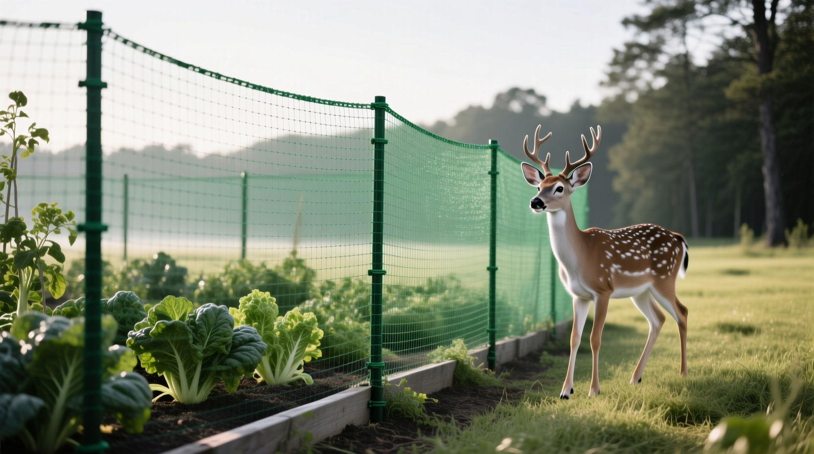 Properly installed green mesh fence surrounding vegetable garden with deer visible outside
