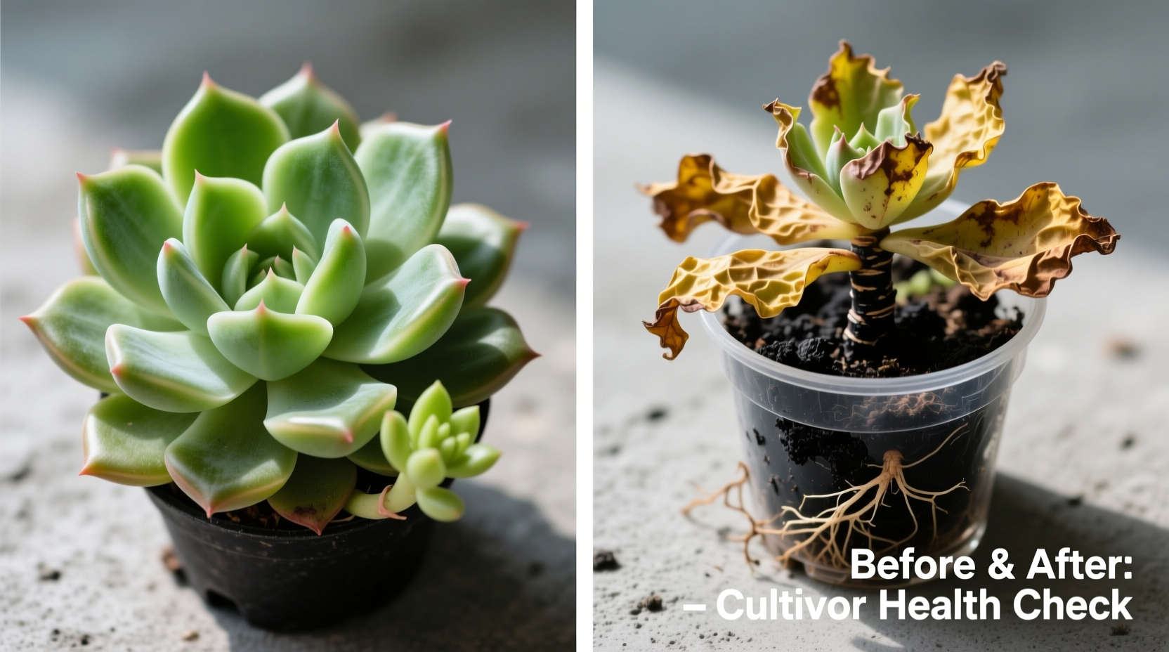 Side-by-side comparison: left shows a succulent with turgid leaves, crisp margins, and visible new growth at the base; right shows the same cultivar arriving from a subscription box—wrinkled, discolored, with blackened stem base and no root visibility through transparent pot