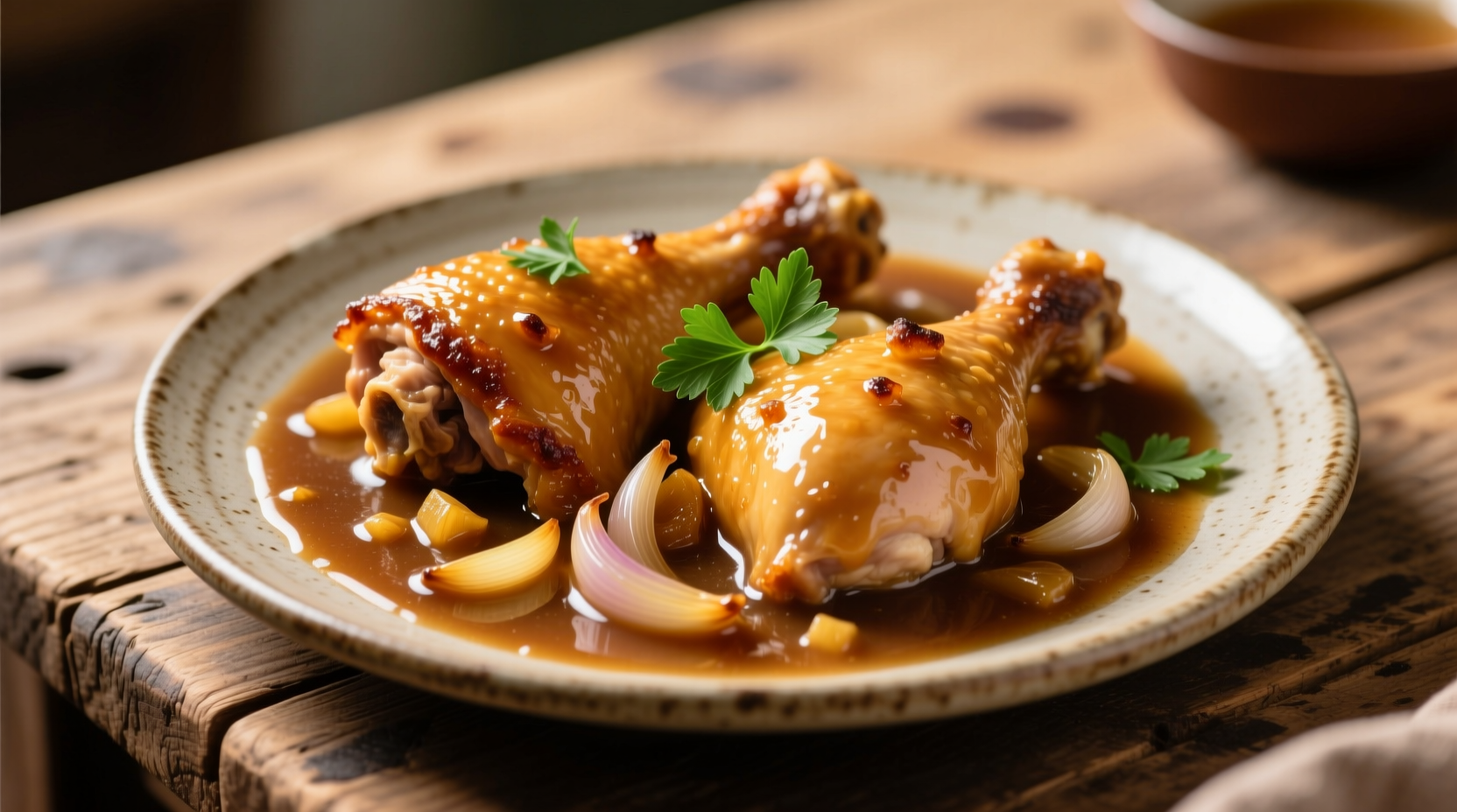 Golden brown chicken thighs with onion gravy