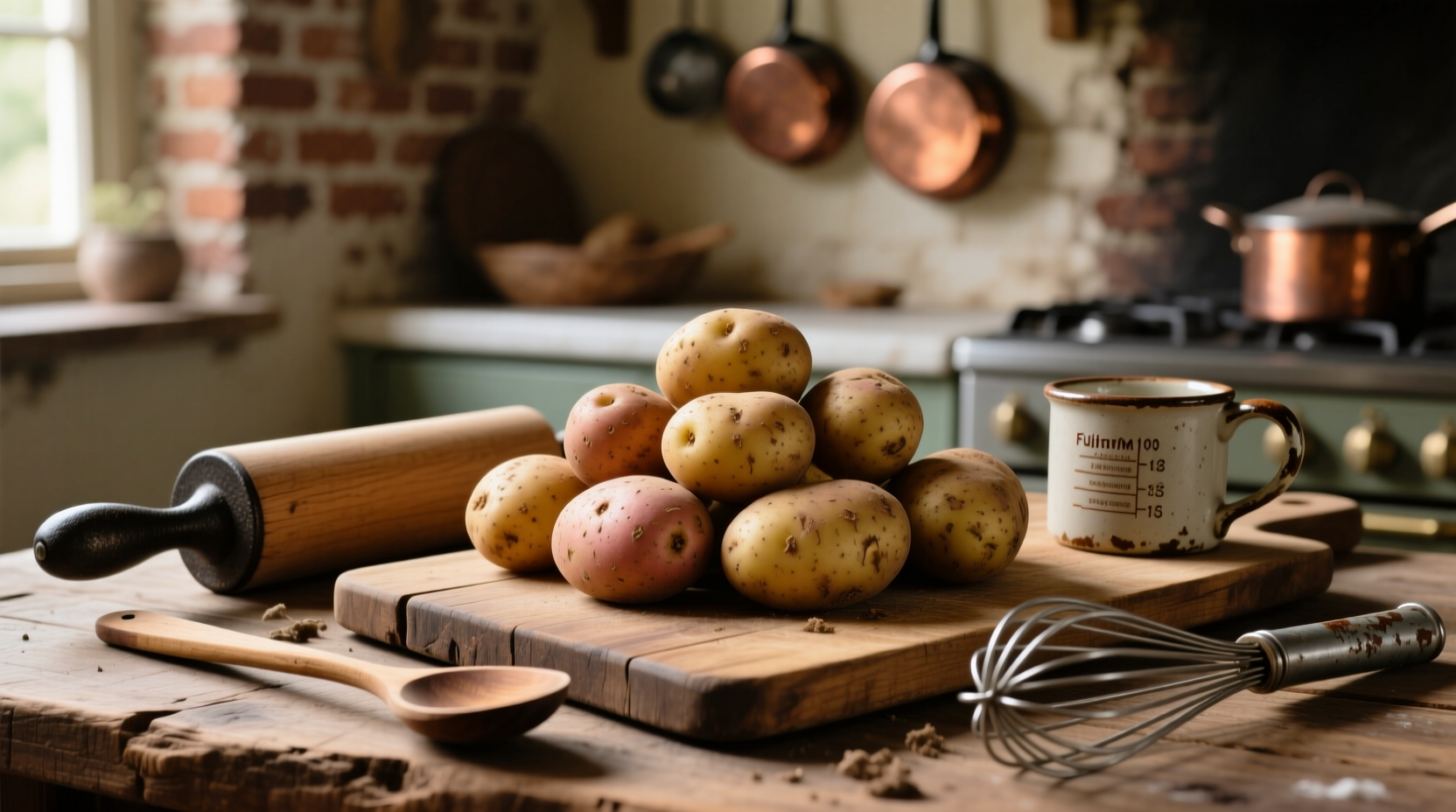 Russet potatoes on wooden cutting board with baking utensils