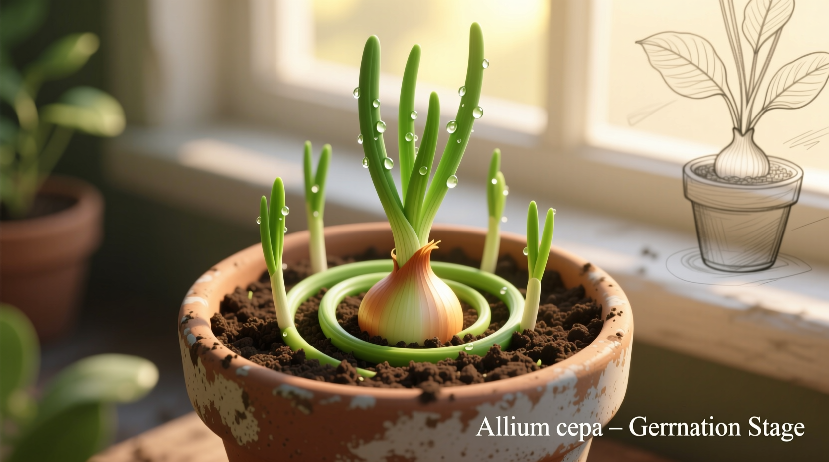 Sprouted onion planted in container with green shoots emerging