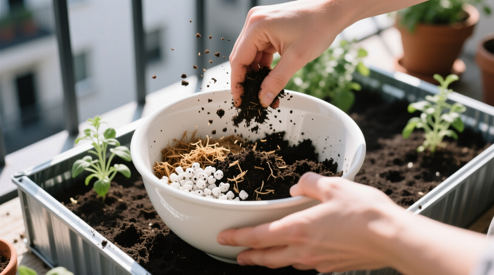 Step-by-step mixing of soil components in urban garden