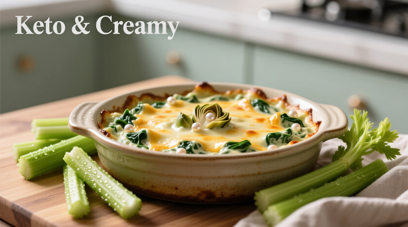 Creamy keto spinach artichoke dip in baking dish with celery sticks