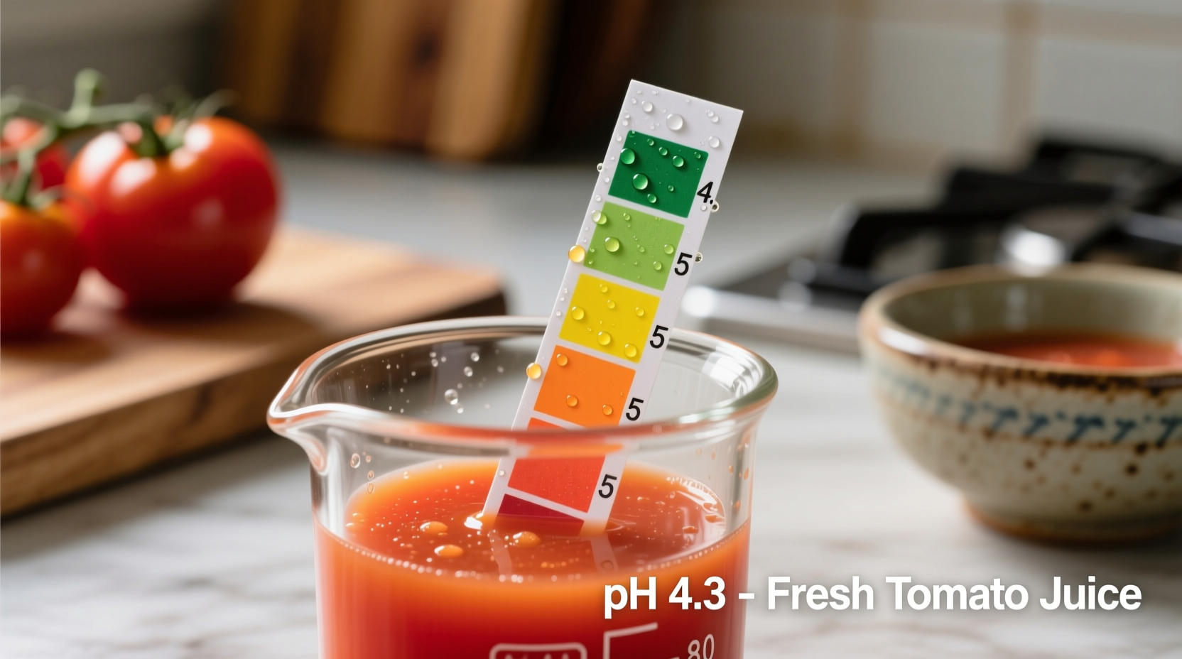 Close-up of pH test strips measuring tomato acidity