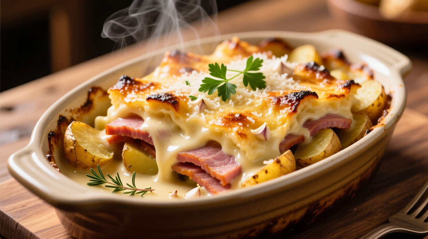 Golden baked ham and potato hotdish with creamy sauce