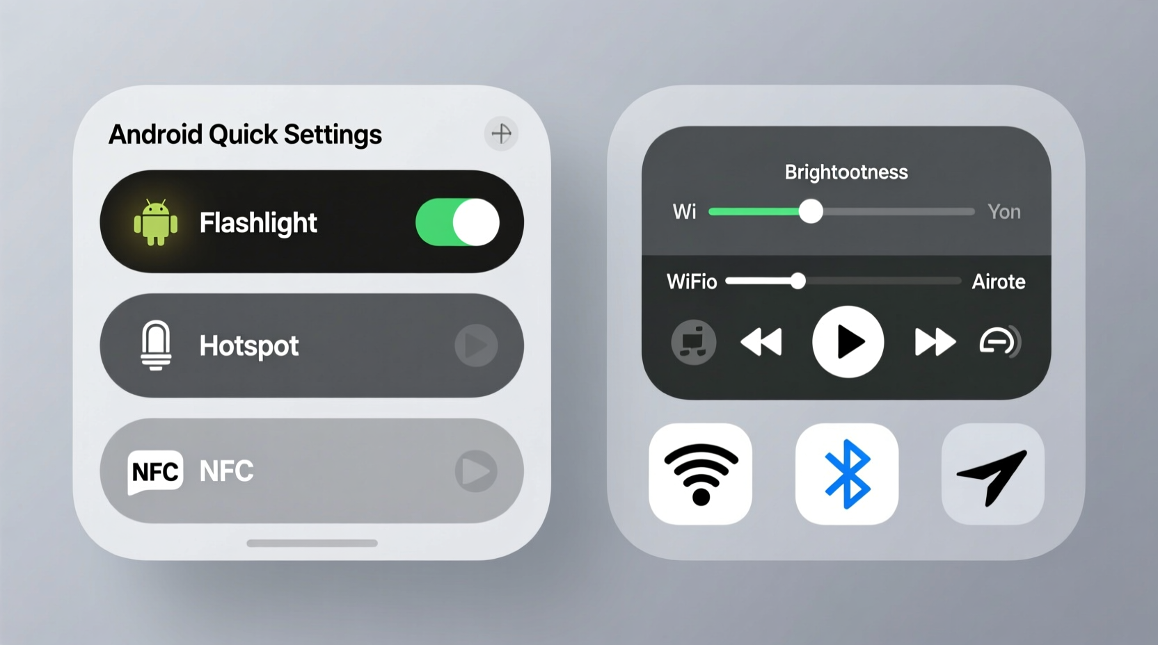 Side-by-side comparison showing Android Quick Settings with flashlight, hotspot, and NFC toggles in top row versus iOS Control Center with fixed brightness slider, music controls, and non-reorderable connectivity icons