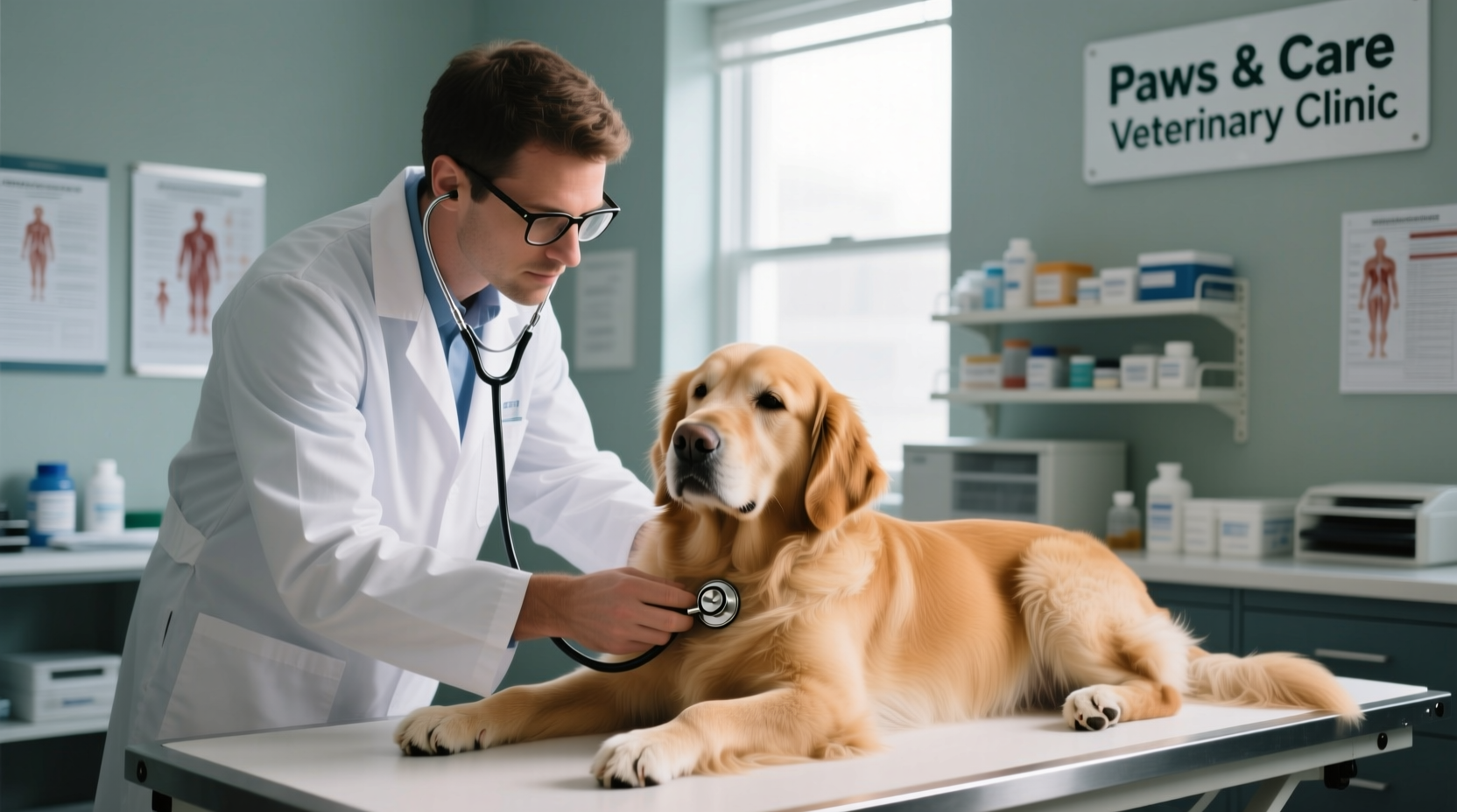 Veterinarian examining dog with stethoscope