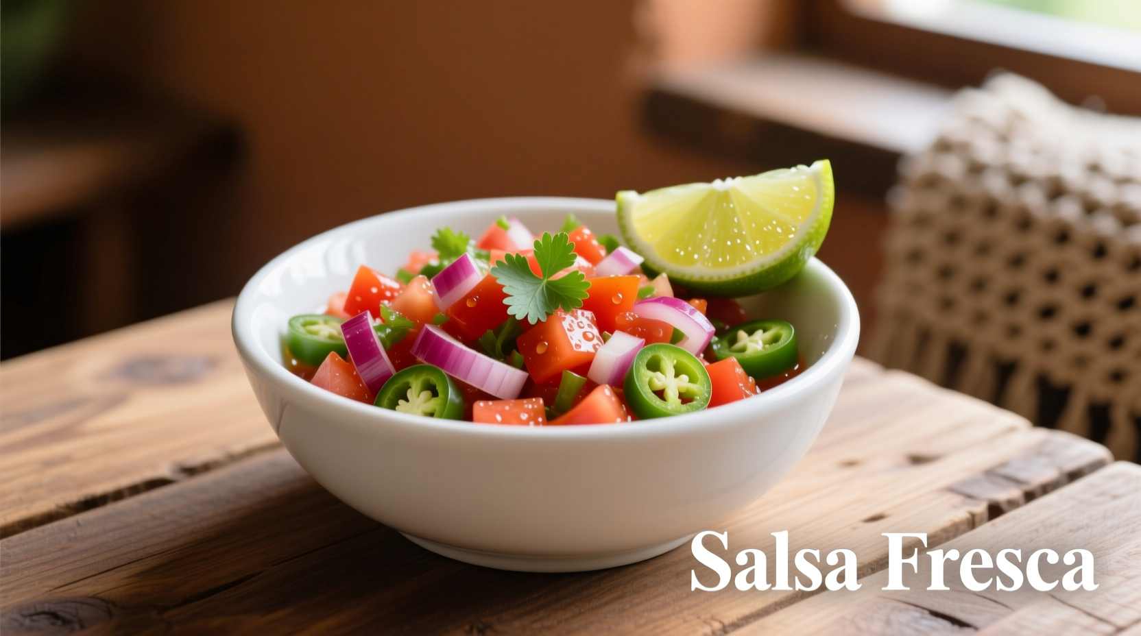 Fresh tomato salsa in white bowl with lime wedge