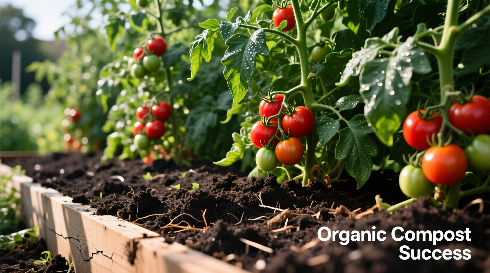 Finished compost in garden bed with healthy tomato plants
