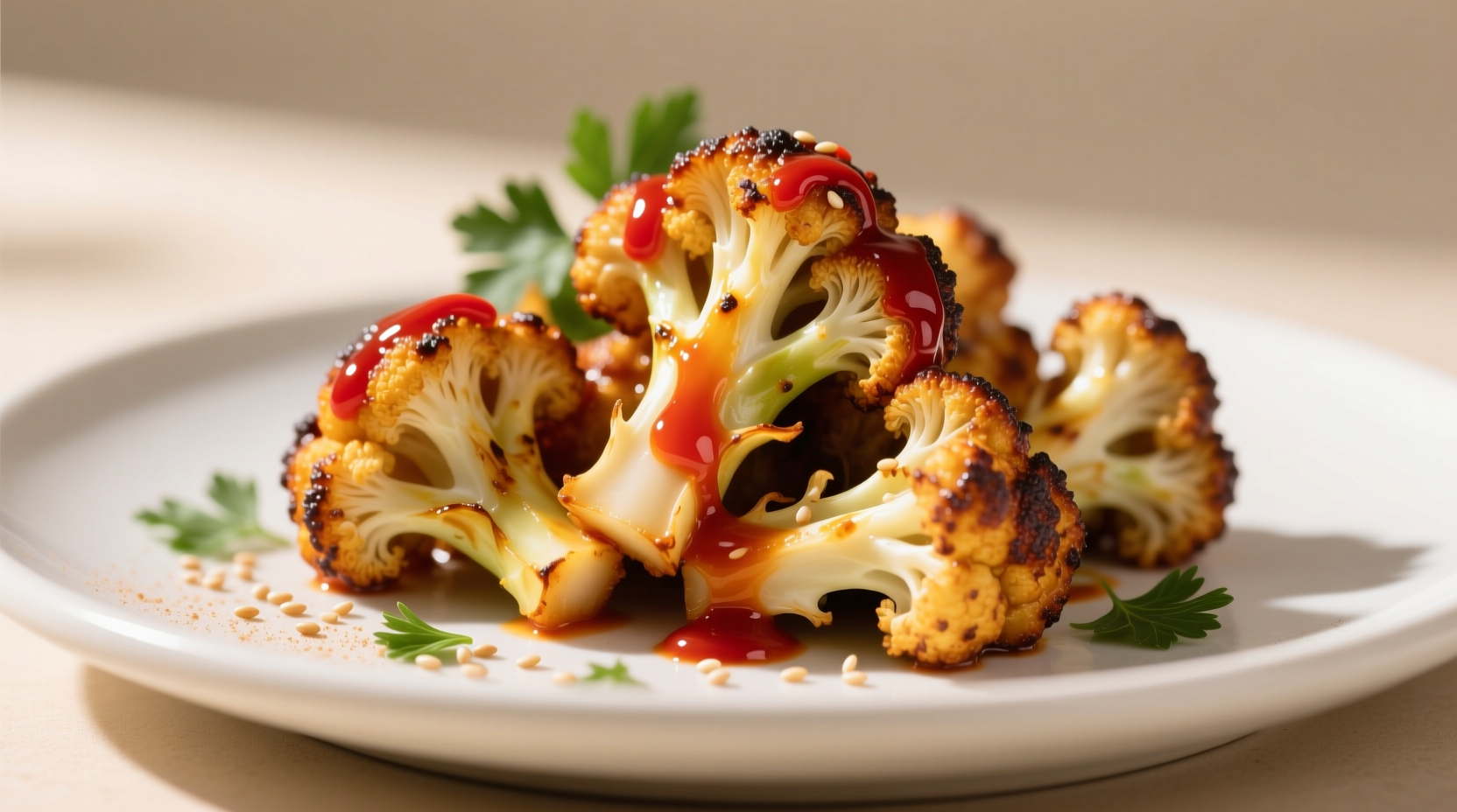Crispy golden vegan buffalo cauliflower on white plate