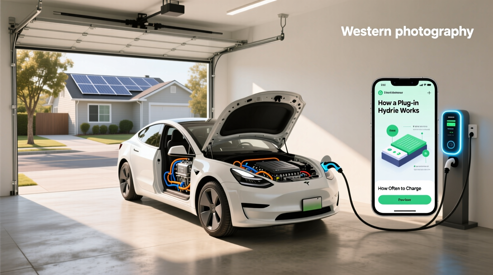 Diagram showing how a plug-in hybrid works with both electric motor and gasoline engine