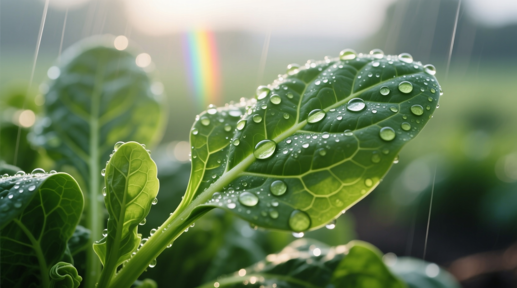 Fresh spinach leaves with dew drops
