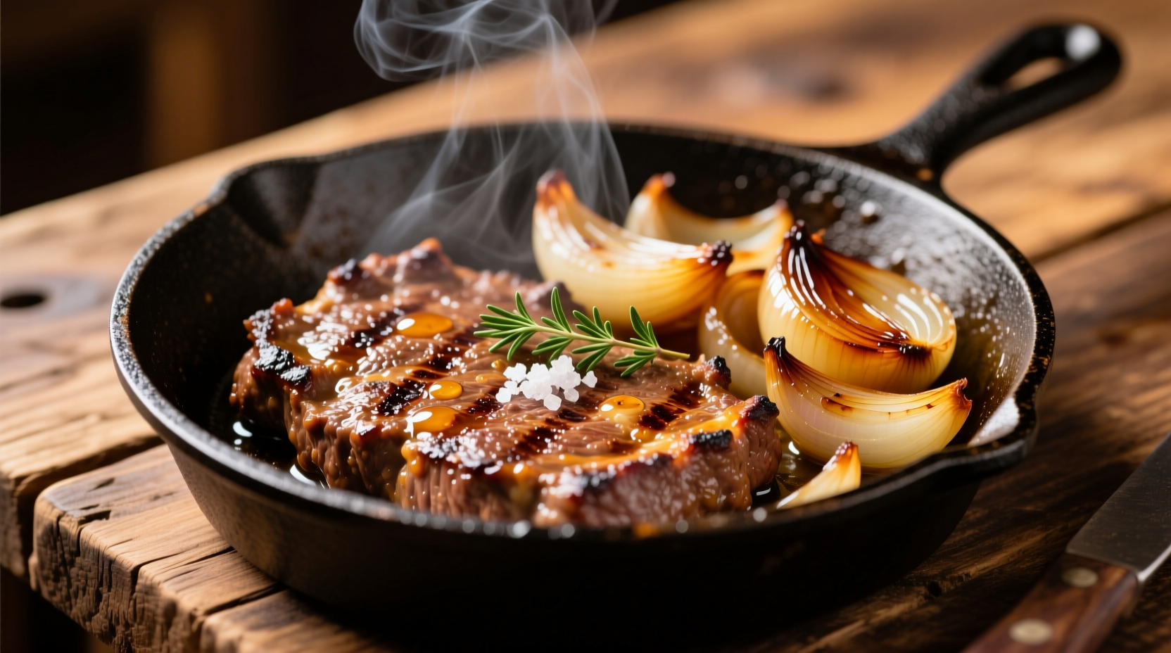 Sizzling ground beef and caramelized onions in cast iron skillet