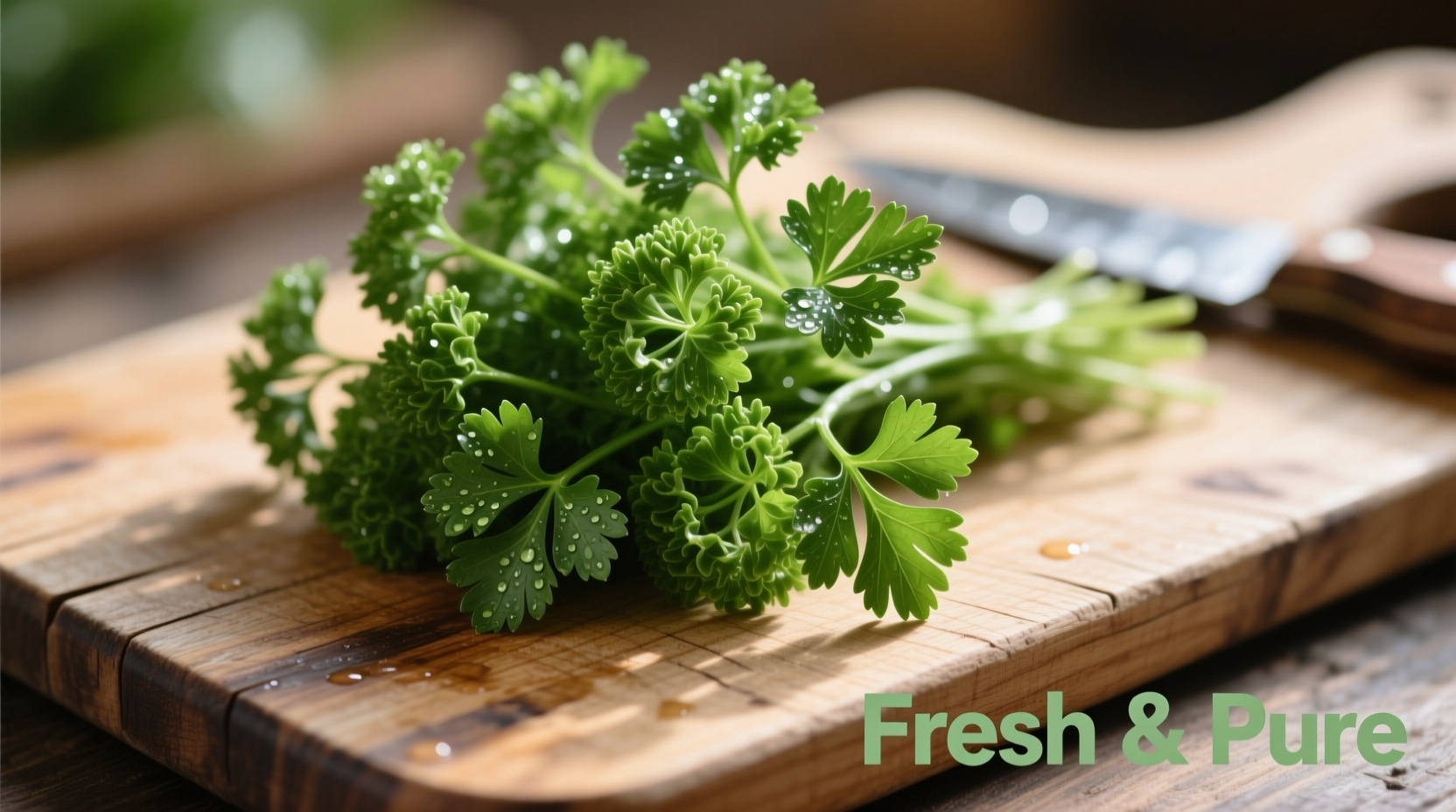 Fresh curly parsley bunch on wooden cutting board