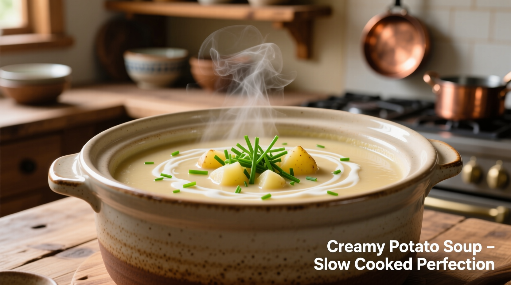 Slow cooker filled with creamy potato soup garnished with chives