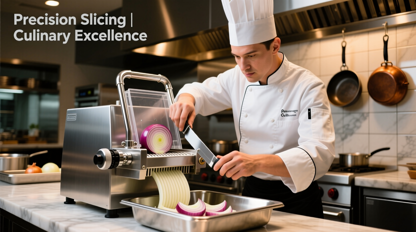 Professional chef using stainless steel onion slicer machine