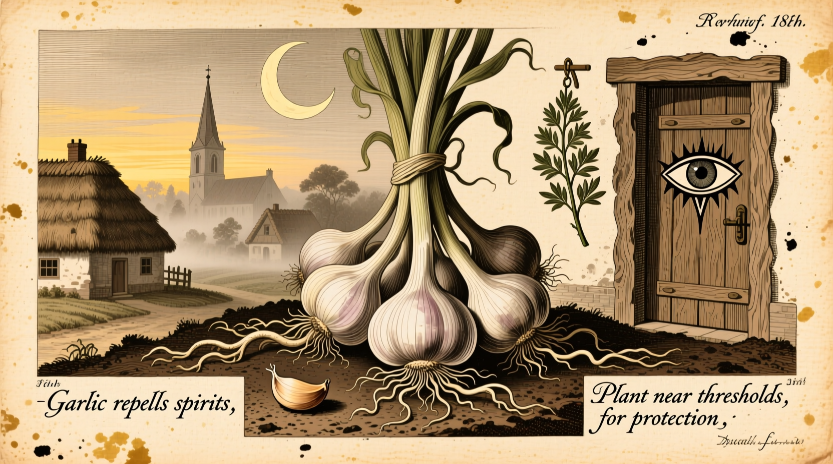 Historical illustration of garlic in folklore traditions