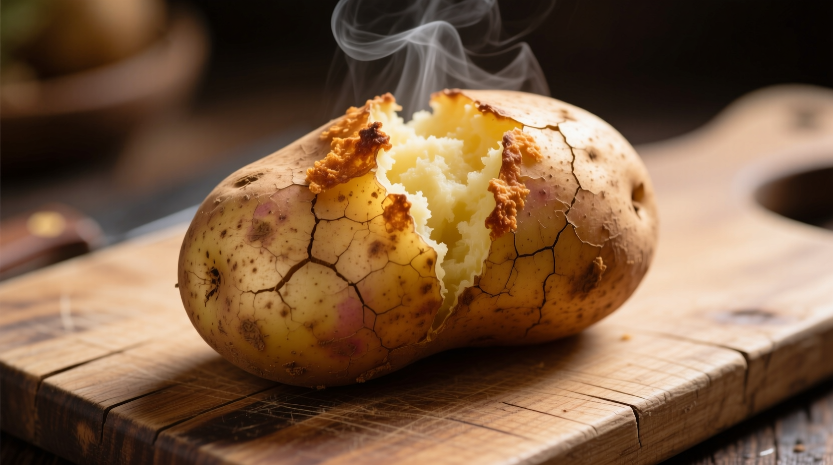Large baked russet potato with skin on wooden cutting board