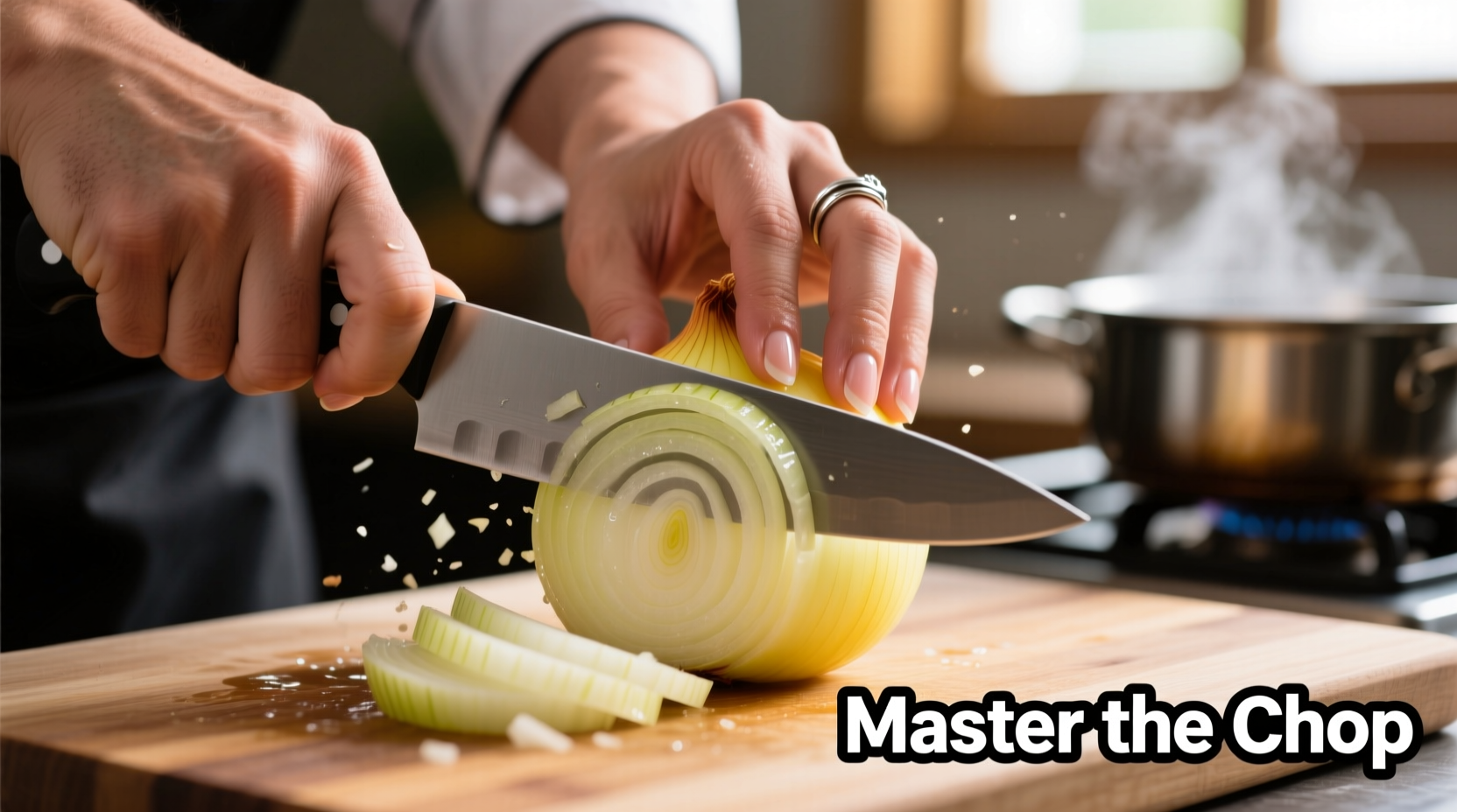 Chef's hands demonstrating fine onion chopping technique