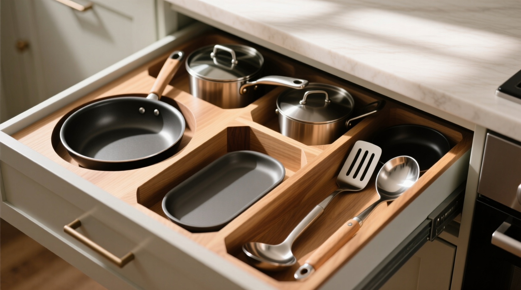 organize pots and pans with diy drawer panels