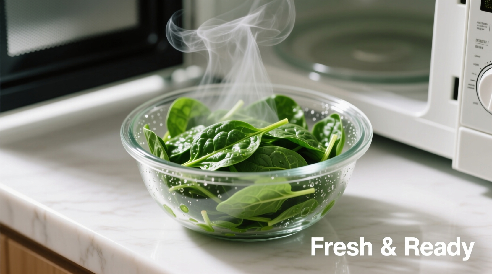 Fresh spinach steaming in microwave-safe bowl