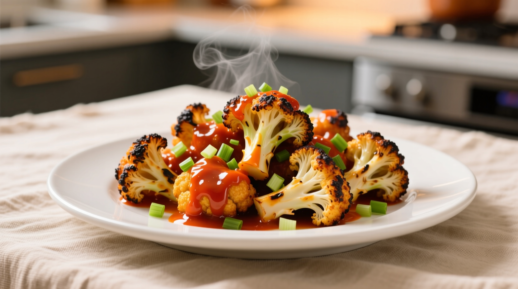 Crispy baked buffalo cauliflower on white plate