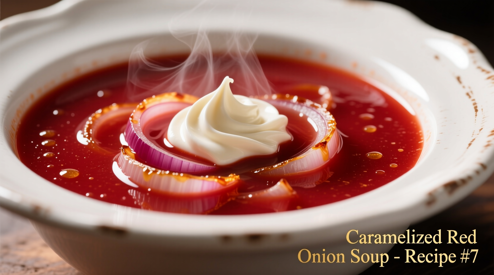 Vibrant red onion soup in white ceramic bowl