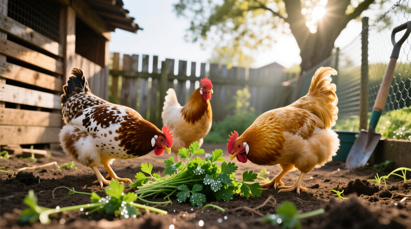 Chickens pecking fresh parsley in backyard coop