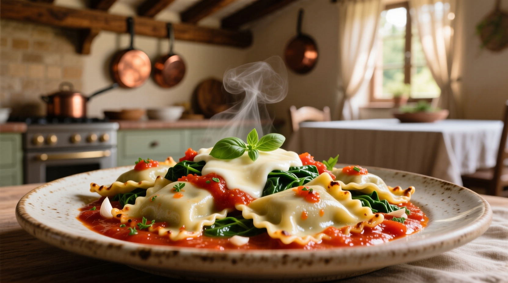 Cooked spinach and cheese ravioli with tomato sauce