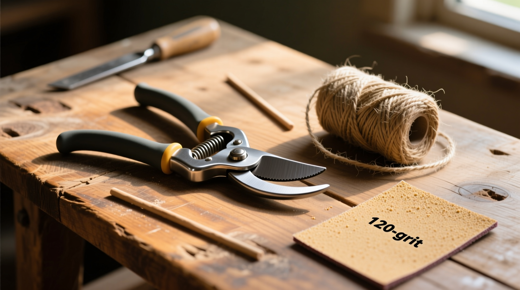 Essential stick craft tools: pruning shears, twine, sandpaper on wooden table
